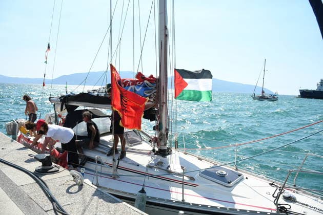 Global Sumud Flotilla activists arrive in Albania VLORE, ALBANIA - AUGUST 21: Boats carrying pro-Palestinian Italian and Albanian activists arrive off the coast of Vlore after sailing from Brindisi, Italy, on August 21, 2026 in Vlore, Albania. Several of the vessels had reportedly been damaged by the Israeli military during the flotilla s previous mission. The activists arrival coincides with the anniversary of the 1991 exodus in which thousands of Albanian refugees reached Italy s Puglia region aboard an overcrowded ship. The group is also expected to support the Flamingo Revolution protest against the reported sale of a beach in Zvernec for a tourism project allegedly linked to Ivanka Trump and Jared Kushner. Olsi Shehu Anadolu Vlore  Copyright: x2026xAnadoluxOlsixShehux