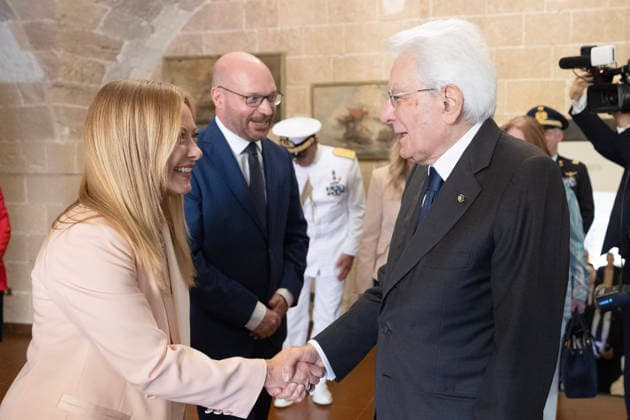 August 21, 2026, Taranto, Rome, Italy: President of the Republic Sergio Mattarella greets Prime Minister Giorgia Meloni on the occasion of the opening ceremony of the XX Mediterranean Games Taranto 2026 Taranto Italy  - ZUMAa289 20260821_zia_a289_020 Copyright: xAmmendolaxUffxStampax xAgfx