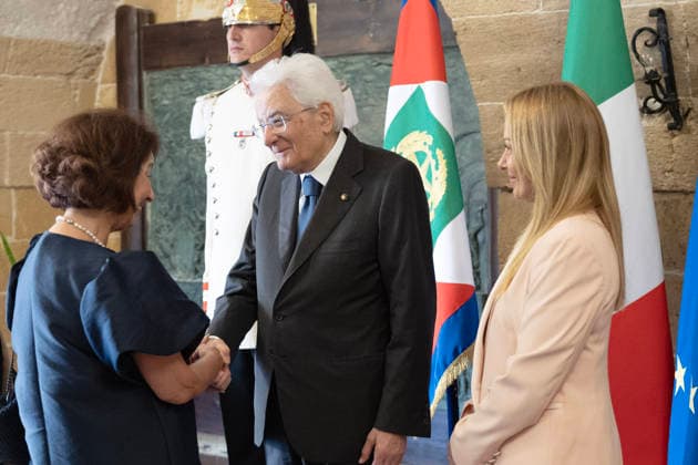 August 21, 2026, Taranto, Rome, Italy: President of the Republic Sergio Mattarella and Prime Minister Giorgia Meloni welcome Gordana Silianovska-Davkova, President of North Macedonia, on the occasion of the opening ceremony of the XX Mediterranean Games Taranto 2026. Taranto Italy  - ZUMAa289 20260821_zia_a289_027 Copyright: xAmmendolaxUffxStampax xAgfx