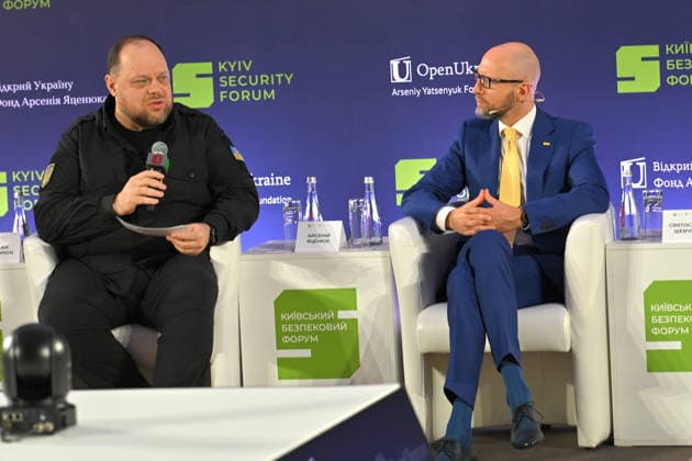 Speaker of the Ukrainian Parliament Ruslan Stefanchuk (L) and Kyiv Security Forum chairman and former Ukrainian Prime Minister Arseniy Yatsenyuk participate in the 35 Years of Restored Independence: Unity Around the Flag National Roundtable, organised by the Kyiv Security Forum, ahead of Ukraine’s 35th Independence Day, Kyiv, Ukraine, August 21, 2026. (Photo by Yevhen Kotenko Ukrinform) National roundtable marking 35 years of Ukraine’s independence  Copyright: xYevhenxKotenkox