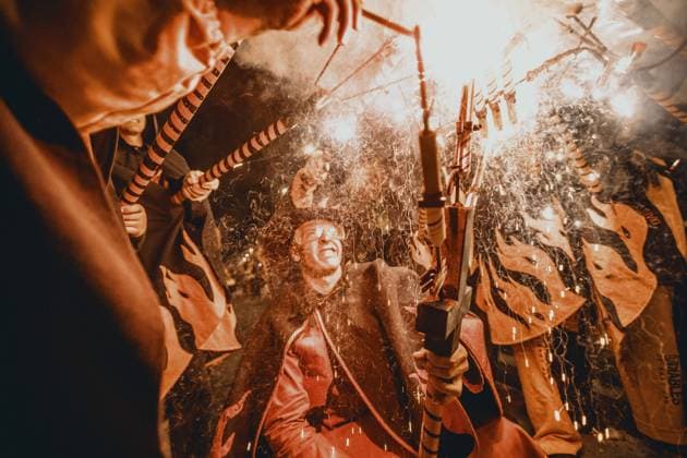 August 21, 2026, Barcelona, Catalonia, Spain: Fire runners gather to ignite their firework staffs beneath a shower of sparks during the traditional Ã¢â‚¬ËœCorrefocÃ¢â‚¬â ¢ at the Festa Major de Gracia Barcelona Spain - ZUMAo105 20260821_fap_o105_020 Copyright: xMatthiasxOesterlex