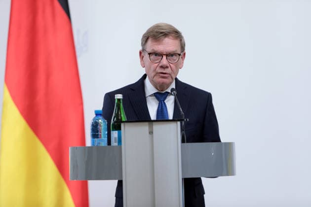 Federal Minister for Foreign Affairs of Germany Johann Wadephul attends a joint news conference with Foreign Minister of Ukraine Andrii Sybiha following negotiations, Kyiv, Ukraine, August 22, 2026. The talks focused on strengthening defence support for Ukraine, protecting critical infrastructure, preparing for winter, and diplomatic steps to end the war. The German Foreign Minister’s visit took place on the eve of the 35th anniversary of Ukraine’s independence, amid another wave of massive Russian attacks on civilian targets. (Photo by Hennadii Minchenko Ukrinform) Joint news conference of Ukrainian and German Foreign Ministers in Kyiv  Copyright: xHennadiixMinchenkox