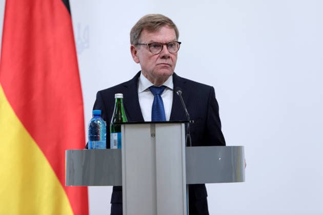 Federal Minister for Foreign Affairs of Germany Johann Wadephul attends a joint news conference with Foreign Minister of Ukraine Andrii Sybiha following negotiations, Kyiv, Ukraine, August 22, 2026. The talks focused on strengthening defence support for Ukraine, protecting critical infrastructure, preparing for winter, and diplomatic steps to end the war. The German Foreign Minister’s visit took place on the eve of the 35th anniversary of Ukraine’s independence, amid another wave of massive Russian attacks on civilian targets. (Photo by Hennadii Minchenko Ukrinform) Joint news conference of Ukrainian and German Foreign Ministers in Kyiv  Copyright: xHennadiixMinchenkox