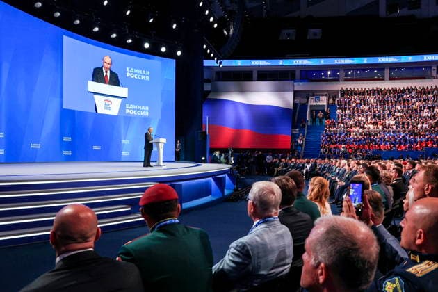 RUSSIA, MOSCOW - AUGUST 22, 2026: Russia s President Vladimir Putin addresses a plenary session as part of Stage 2 of the United Russia Party s Congress ahead of the 2026 Russian State Duma election, at Megasport Sports Palace. Yekaterina Shtukina POOL TASS  96467930