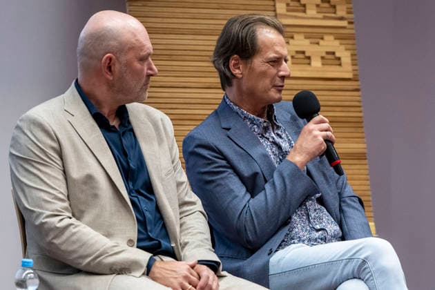 Wahlforum des Kreativwirtschaft Sachsen-Anhalt e.V.KWSA im MMZ Halle Saale Halle Saale,Deutschland 22. August 2026 Im Bild:v.li.Wolfgang Aldag (Buendnis 90 Die Gruenen) und Stefan Gebhardt (Die Linke) Halle Saale Mitteldeutsches Medienzentrum Sachsen Anhalt Deutschland *** Election Forum of Kreativwirtschaft Sachsen-Anhalt e.V. (KWSA) at the MMZ Halle-Saale, Halle-Saale, Germany, August 22, 2026. Pictured, from left: Wolfgang Aldag (Alliance 90 The Greens) and Stefan Gebhardt (The Left), Halle-Saale, Central German Media Center, Saxony-Anhalt, Germany