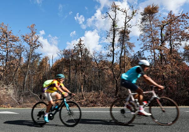 (260822) -- SEINE-ET-MARNE, Aug. 22, 2026 -- People ride past an area burnt in a wildfire in the Fontainebleau Forest in Seine-et-Marne, France, Aug. 22, 2026. ) FRANCE-SEINE-ET-MARNE-FONTAINEBLEAU FOREST-WILDFIRE-AFTERMATH WuxHuiwo 