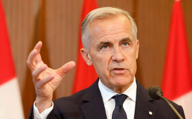 August 22, 2026, Ottawa, On, CANADA: Prime Minister Mark Carney speaks about Canada s response to new U.S. tariffs during a news conference on Parliament Hill in Ottawa on Saturday, Aug. 22, 2026. Ottawa CANADA  - ZUMAc35_ 20260822_zaf_c35_008 Copyright: xPatrickxDoylex