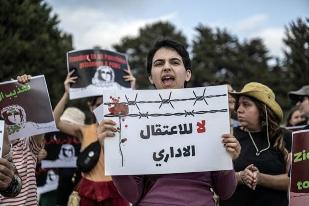 Protest outside Israeli prison demanding end to administrative detention for Palestinians HAIFA, ISRAEL - AUGUST 22: Palestinian and Israeli human rights activists gather outside Damon Prison near Haifa, Israel, on August 22, 2026, to protest the ongoing administrative detention and reported mistreatment of Palestinian female political prisoners. Demonstrators held banners calling for an immediate end to indefinite detention without trial or charge, highlighting systemic rights violations and severe prison conditions while demanding the release of all detained women. Mostafa Alkharouf Anadolu Haifa Israel. Editorial use only. Please get in touch for any other usage.  Copyright: x2026xAnadoluxMostafaxAlkharoufx