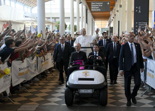 Pope Leo XIV’s Visit To The City of Rimini - Italy Pope Leo XIV attends the Meeting of Friendships Among Peoples during his visit in the city of Rimini, Central Italy, on August 22, 2026. Pope Leo XIV addressed participants in the 47th Meeting for Friendship Among Peoples at the Rimini Exhibition Centre. The Pope s visit to the week-long event, organized annually by the Communion and Liberation Movement at the end of August, takes place in the context of his Pastoral Visit to the Republic of San Marino and to the city of Rimini. Photo by (EV) Simone Risoluti Vatican Media ABACAPRESS.COM Rimini Italy  Copyright: xABACAx