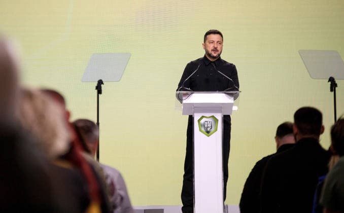 Ninth International Veterans Forum in Kyiv President of Ukraine Volodymyr Zelenskyy delivers opening remarks at the Ninth International Veterans Forum, Kyiv, Ukraine, August 22, 2026. Hundreds of veterans, representatives of the Ukrainian government, foreign partners, and distinguished guests took part in the large-scale annual event, which serves as Ukraine™s principal platform for dialogue on the development and implementation of state veterans™ policy., Credit:Marianna Kotyk Ukrinform Avalon Ukraine, Kyiv  Copyright: xMariannaxKotykx xUkrinformx xAvalonx 1127518237