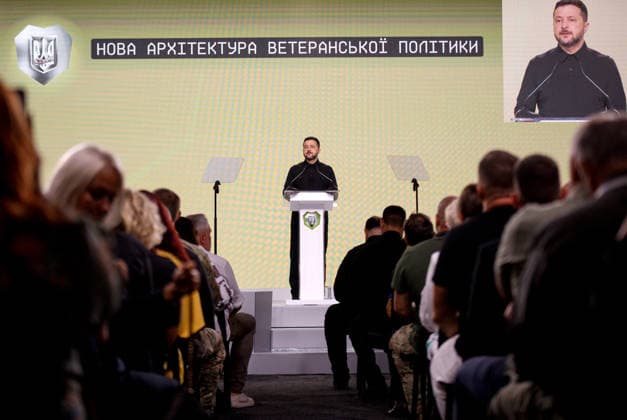 Ninth International Veterans Forum in Kyiv President of Ukraine Volodymyr Zelenskyy delivers opening remarks at the Ninth International Veterans Forum, Kyiv, Ukraine, August 22, 2026. Hundreds of veterans, representatives of the Ukrainian government, foreign partners, and distinguished guests took part in the large-scale annual event, which serves as Ukraine™s principal platform for dialogue on the development and implementation of state veterans™ policy., Credit:Marianna Kotyk Ukrinform Avalon Ukraine, Kyiv  Copyright: xMariannaxKotykx xUkrinformx xAvalonx 1127518282