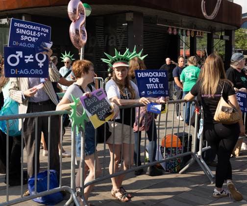 Protest Scenes outside Barclay Center for Indiana Fever vs NY Liberty WNBA Protest Scenes outside Barclay Center for Indiana Fever vs NY Liberty WNBA, Pro Trans Activists and Sophie Cunningham Supporters came out for the Liberty vs Fever Game. There is a huge controversy over men playing in women s sports. Sophie Cunningham of the Fever has been very vocal about the topic. , Barclay Center, NY. 22 Aug 2026 Pictured: Protestors Outside Fever vs Liberty Game at Barclay Center.  Copyright: xThexMegaxAgencyxMayerx xMEGAx