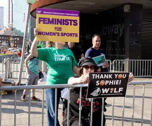 Protest Scenes outside Barclay Center for Indiana Fever vs NY Liberty WNBA Protest Scenes outside Barclay Center for Indiana Fever vs NY Liberty WNBA, Pro Trans Activists and Sophie Cunningham Supporters came out for the Liberty vs Fever Game. There is a huge controversy over men playing in women s sports. Sophie Cunningham of the Fever has been very vocal about the topic. , Barclay Center, NY. 22 Aug 2026 Pictured: Protestors Outside Fever vs Liberty Game at Barclay Center.  Copyright: xThexMegaxAgencyxMayerx xMEGAx