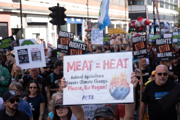 August 22, 2026, London, United Kingdom: Activists march with placards expressing their opinion during the demonstration. Animal rights activists gathered in central London, UK to march on the 10th National Animal Rights March (NARM). During the march the protesters raise awareness to treat the animals fairly and not being used as a property or resources. London United Kingdom  - ZUMAs197 20260822_aaa_s197_372 Copyright: xKrisztianxElekx
