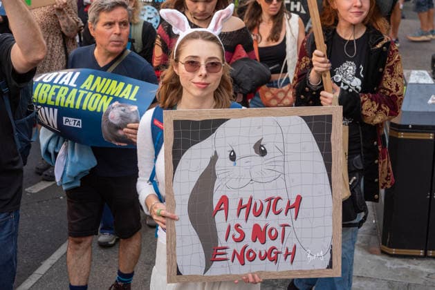 August 22, 2026, London, United Kingdom: An activist holds a placard expressing her opinion during the demonstration. Animal rights activists gathered in central London, UK to march on the 10th National Animal Rights March (NARM). During the march the protesters raise awareness to treat the animals fairly and not being used as a property or resources. London United Kingdom  - ZUMAs197 20260822_aaa_s197_379 Copyright: xKrisztianxElekx