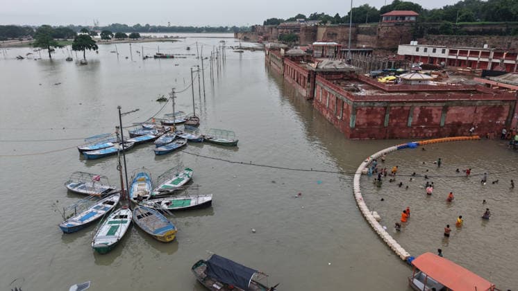 August 23, 2026, Prayagraj, Uttar Pradesh, India: Prayagraj: Sangam area inundated with water of Swollen River Ganga and Yamuna, in Prayagraj on Sunday, August 23, 2026. Prayagraj India - ZUMAv115 20260823_zap_v115_020 Copyright: xPrabhatxKumarxVermax
