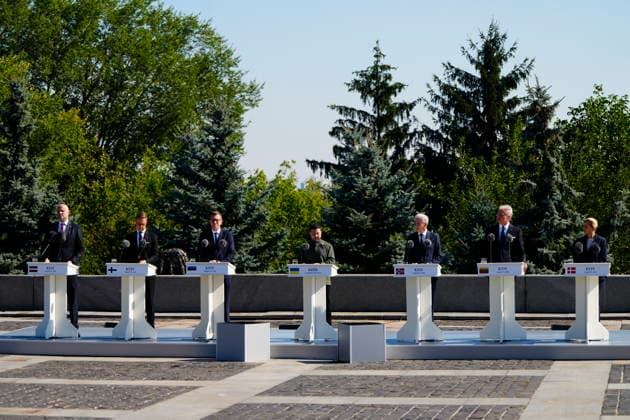 UKRAINE Denmark s Prime Minister Mette Frederiksen participates in the marking of Flag Day Ukraine s President Volodymyr Zelensky, Latvia s Prime Minister Andris Kulbergs, Finland s President Alexander Stubb, Estonia s Prime Minister Kristen Michal, Norway s Prime Minister Jonas Gahr Stoere, Lithuania s President Gitanas NausA , Kyiv Denmark *** UKRAINE: Denmark’s Prime Minister Mette Frederiksen participates in the Flag Day ceremony; Ukraine’s President Volodymyr Zelensky, Latvia’s Prime Minister Andris Kulbergs, Finland’s President Alexander Stubb, Estonia’s Prime Minister Kristen Michal, Norway’s Prime Minister Jonas Gahr Støre, Lithuania’s President Gitanas NausA, Kyiv, Denmark  Copyright: MadsxClausxRasmussenx spdk20260823-113224-L