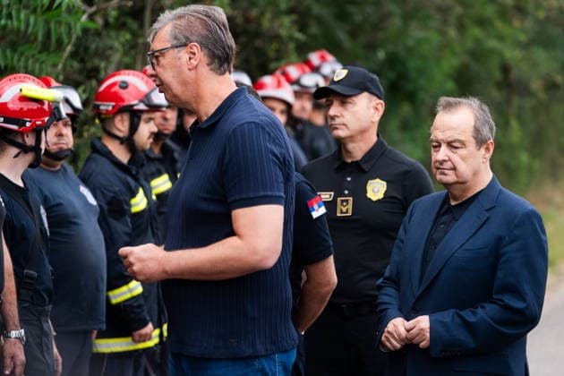 August 23, 2026, Umarak, Vojvodina, Serbia: 2026823, A umarak, Serbia -Serbian President VUCIC ALEKSANDAR visits the Deliblato Sands (Deliblatska Pescara) Special Nature Reserve to inspect the areas devastated by a massive wildfire. Serbian Minister of Internal Affairs DACIC IVICA also attended the visit. Umarak Serbia - ZUMAd223 20260823_zip_d223_006 Copyright: xMarkoxDimicx