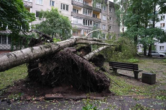 August 23, 2026, Riga, Latvija: The aftermath of a powerful storm is seen in Riga, Latvia, Aug. 23, 2026. Fallen and uprooted trees are scattered across residential areas, damaging parked cars, blocking roads and walkways, and posing a threat to nearby buildings. The storm, which swept across Latvia on Saturday evening and overnight, caused widespread damage across the country, with Riga recording the highest number of reports of storm-related incidents. As of Sunday morning, emergency services had received nearly 1,900 reports of damage caused by strong winds nationwide. Riga Latvija  - ZUMAp305 20260823_zip_p305_004 Copyright: xEdijsxPalensx
