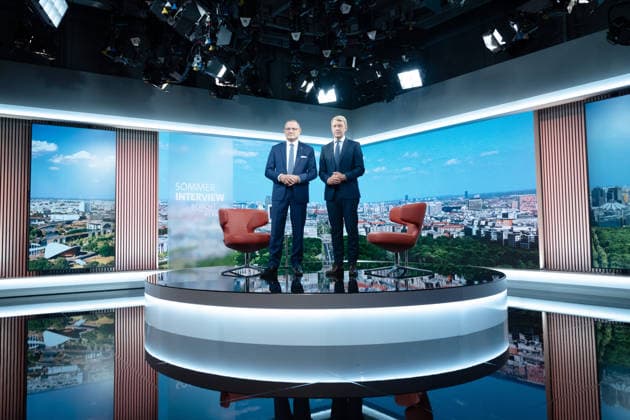 ARD-Sommerinterview, Tino Chrupalla, AfD Berlin, ARD-Sommerinterview, Tino Chrupalla, Vorsitzender, AfD, Moderator, Markus Preiß, ARD-Hauptstadtstudio Berlin Berlin GER *** ARD Summer Interview, Tino Chrupalla, AfD Berlin, ARD Summer Interview, Tino Chrupalla, Chair, AfD, Host, Markus Preiß, ARD Berlin Capital Studio, Berlin, GER