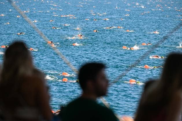 (260823) -- ISTANBUL, Aug. 23, 2026 -- Swimmers compete during the 38th Bosphorus Cross-Continental Swimming Race in Istanbul, T¨¹rkiye, Aug. 23, 2026. ) (SP)T?RKIYE-ISTANBUL-BOSPHORUS CROSS-CONTINENTAL SWIMMING RACE LiuxLei 