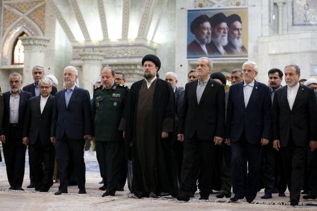 Iranian President Masoud Pezeshkian TEHRAN, IRAQ - AUGUST 23: (----EDITORIAL USE ONLY – MANDATORY CREDIT - IRANIAN PRESIDENCY HANDOUT - NO MARKETING NO ADVERTISING CAMPAIGNS - DISTRIBUTED AS A SERVICE TO CLIENTS----) Iranian President Masoud Pezeshkian (not seen) speaks during an event to mark the first day of the Government Week at the mausoleum of Ayatollah Ruhollah Khomeini, the founder of the Islamic Republic of Iran, in Tehran, Iran on August 23, 2026. Iranian Presidency Anadolu Tehran Iran. Editorial use only. Please get in touch for any other usage.  Copyright: x2026xAnadoluxIranianxPresidencyx