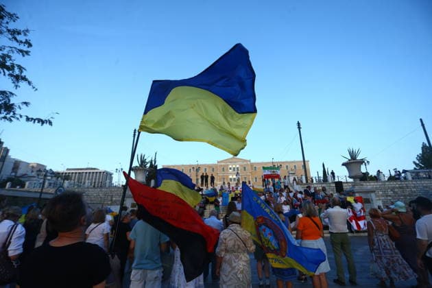 August 23, 2026, Athens, Greece: Ukrainians gathered in Syntagma Square in Athens to mark the 35th anniversary of UkraineÃ¢â‚¬â ¢s independence. The blue-and-yellow flags filled the square as members of the Ukrainian community came together to commemorate August 24, 1991, when Ukraine declared its independence, and to express their solidarity with their homeland. Athens Greece - ZUMAv62_ 20260823_zaf_v62_002 Copyright: xAristidisxVafeiadakisx