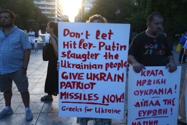August 23, 2026, Athens, Greece: Ukrainians gathered in Syntagma Square in Athens to mark the 35th anniversary of UkraineÃ¢â‚¬â ¢s independence. The blue-and-yellow flags filled the square as members of the Ukrainian community came together to commemorate August 24, 1991, when Ukraine declared its independence, and to express their solidarity with their homeland. Athens Greece  - ZUMAv62_ 20260823_zaf_v62_004 Copyright: xAristidisxVafeiadakisx