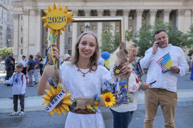 August 23, 2026, New York, New York, USA: Pride and resiliance at the Annual Ukrainian Independence March celebrating freedom from foreign domination. A large crowd .marched from Foley Square down Broadway to Bowling Green in Lower Manhattan commemorating .Ukraine freedom from Soviet Union oppression on Aujust 24. Carrying the blue and yellow flag of Ukraine as well as the US flag they carried the message of fighting back against Russia trying to continue their colonial empire. Ukraine is standing strong..Standing for democracy not tyranny. New York USA  - ZUMAh156 20260823_znp_h156_003 Copyright: xMiloxHessx