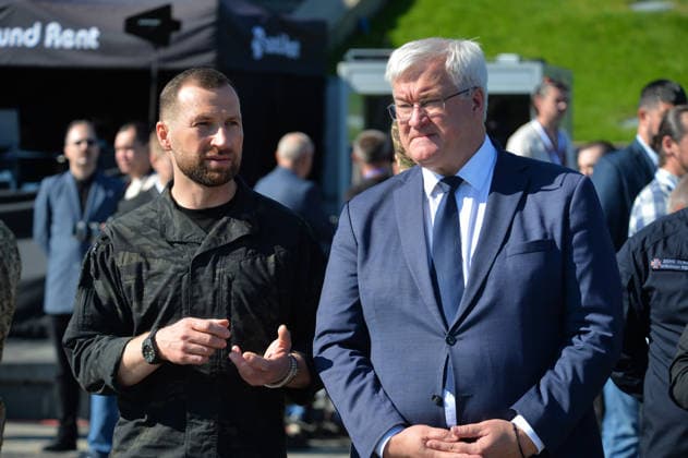 Minister of Defence of Ukraine Yevhenii Khmara (L) talks with Minister of Foreign Affairs of Ukraine Andrii Sybiha during the State Flag raising ceremony at the National Museum of the History of Ukraine in the Second World War Memorial Complex on National Flag Day, Kyiv, Ukraine, August 23, 2026. (Photo by Yevhen Kotenko Ukrinform) Raising of State Flag of Ukraine in Kyiv  Copyright: xYevhenxKotenkox