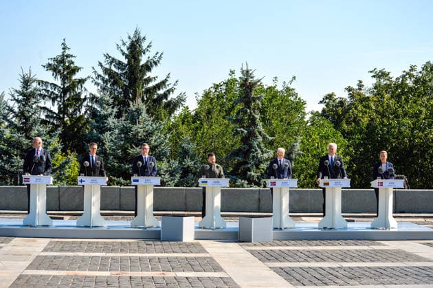Prime Minister of Latvia Andris Kulbergs, President of Finland Alexander Stubb, Prime Minister of Estonia Kristen Michal, President of Ukraine Volodymyr Zelenskyy, Prime Minister of Norway Jonas Gahr Store, President of Lithuania Gitanas Nauseda and Prime Minister of Denmark Mette Frederiksen participate in the State Flag raising ceremony at the National Museum of the History of Ukraine in the Second World War Memorial Complex on National Flag Day, Kyiv, Ukraine, August 23, 2026. (Photo by Yevhen Kotenko Ukrinform) Raising of State Flag of Ukraine in Kyiv  Copyright: xYevhenxKotenkox