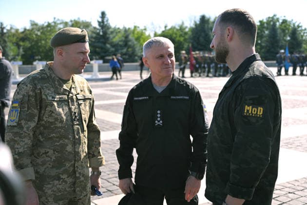 Commander-in-Chief of the Armed Forces of Ukraine Mykhailo Drapatyi, Chief of the Defence Intelligence of Ukraine Oleh Ivashchenko and Minister of Defence of Ukraine Yevhenii Khmara (L to R) attend the ceremony to raise the State Flag at the National Museum of the History of Ukraine in the Second World War Memorial Complex on National Flag Day, Kyiv, Ukraine, August 23, 2026. This photo cannot be distributed in the Russian Federation. Prime Minister of Latvia Andris Kulbergs, President of Finland Alexander Stubb, Prime Minister of Estonia Kristen Michal, President of Ukraine Volodymyr Zelenskyy, Prime Minister of Norway Jonas Gahr Store, President of Lithuania Gitanas Nauseda and Prime Minister of Denmark Mette Frederiksen (L to R) parti  Copyright: xYevhenxKotenkox