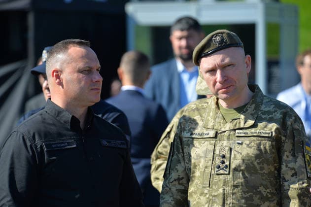 Minister of Internal Affairs of Ukraine Ivan Vyhivskyi (L) and Commander-in-Chief of the Armed Forces of Ukraine Mykhailo Drapatyi attend the State Flag raising ceremony at the National Museum of the History of Ukraine in the Second World War Memorial Complex on National Flag Day, Kyiv, Ukraine, August 23, 2026. (Photo by Yevhen Kotenko Ukrinform) Raising of State Flag of Ukraine in Kyiv  Copyright: xYevhenxKotenkox