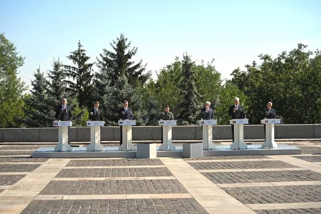 Prime Minister of Latvia Andris Kulbergs, President of Finland Alexander Stubb, Prime Minister of Estonia Kristen Michal, President of Ukraine Volodymyr Zelenskyy, Prime Minister of Norway Jonas Gahr Store, President of Lithuania Gitanas Nauseda and Prime Minister of Denmark Mette Frederiksen (L to R) participate in the ceremony to raise the State Flag at the National Museum of the History of Ukraine in the Second World War Memorial Complex on National Flag Day, Kyiv, Ukraine, August 23, 2026. (Photo by Yevhen Kotenko Ukrinform) Raising of State Flag of Ukraine in Kyiv  Copyright: xYevhenxKotenkox