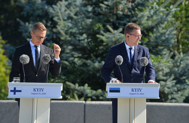 President of Finland Alexander Stubb (L) and Prime Minister of Estonia Kristen Michal participate in the ceremony to raise the State Flag at the National Museum of the History of Ukraine in the Second World War Memorial Complex on National Flag Day, Kyiv, Ukraine, August 23, 2026. (Photo by Yevhen Kotenko Ukrinform) Raising of State Flag of Ukraine in Kyiv  Copyright: xYevhenxKotenkox