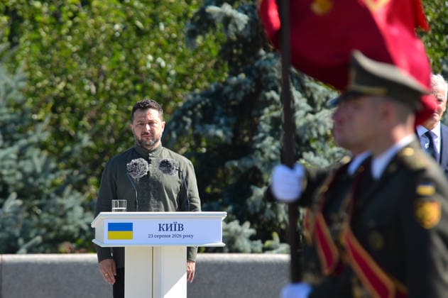 President of Ukraine Volodymyr Zelenskyy participates in the raising of the State Flag at the National Museum of the History of Ukraine in the Second World War Memorial Complex on National Flag Day, Kyiv, Ukraine, August 23, 2026. (Photo by Yevhen Kotenko Ukrinform) Raising of State Flag of Ukraine in Kyiv  Copyright: xYevhenxKotenkox