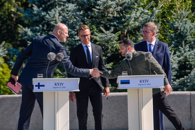 Prime Minister of Latvia Andris Kulbergs (L) shakes hands with President of Ukraine Volodymyr Zelenskyy in the presence of President of Finland Alexander Stubb and Prime Minister of Estonia Kristen Michal (L to R, back) during the ceremony to raise the State Flag at the National Museum of the History of Ukraine in the Second World War Memorial Complex on National Flag Day, Kyiv, Ukraine, August 23, 2026. (Photo by Yevhen Kotenko Ukrinform) Raising of State Flag of Ukraine in Kyiv  Copyright: xYevhenxKotenkox