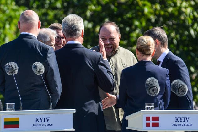 Speaker of the Ukrainian Parliament Ruslan Stefanchuk (C) shares a laugh while shaking hands with President of Lithuania Gitanas Nauseda in the presence of Prime Minister of Latvia Andris Kulbergs, Prime Minister of Norway Jonas Gahr Store, Prime Minister of Estonia Kristen Michal (L to R) and Prime Minister of Denmark Mette Frederiksen during the ceremony to raise the State Flag at the National Museum of the History of Ukraine in the Second World War Memorial Complex on National Flag Day, Kyiv, Ukraine, August 23, 2026. (Photo by Yevhen Kotenko Ukrinform) Raising of State Flag of Ukraine in Kyiv  Copyright: xYevhenxKotenkox
