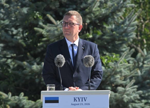 Prime Minister of Estonia Kristen Michal participates in the ceremony to raise the State Flag at the National Museum of the History of Ukraine in the Second World War Memorial Complex on National Flag Day, Kyiv, Ukraine, August 23, 2026. (Photo by Yevhen Kotenko Ukrinform) Raising of State Flag of Ukraine in Kyiv  Copyright: xYevhenxKotenkox