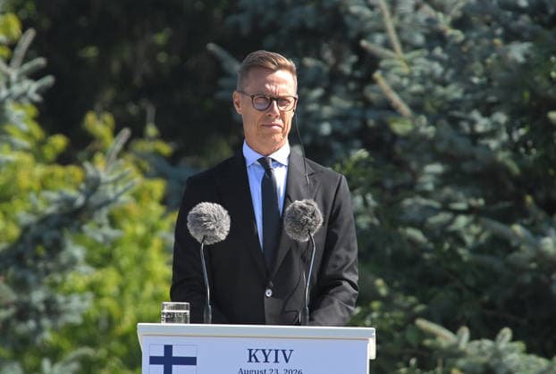 President of Finland Alexander Stubb participates in the ceremony to raise the State Flag at the National Museum of the History of Ukraine in the Second World War Memorial Complex on National Flag Day, Kyiv, Ukraine, August 23, 2026. (Photo by Yevhen Kotenko Ukrinform) Raising of State Flag of Ukraine in Kyiv  Copyright: xYevhenxKotenkox