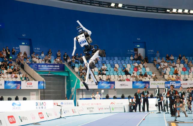 BEIJING, CHINA - AUGUST 23: A humanoid robot competes during the Long Jump event on day 2 of the 2nd World Humanoid Robot Games at National Speed Skating Oval on August 23, 2026 in Beijing, China.  Copyright: xChinaxNewsxServicex 111661706288