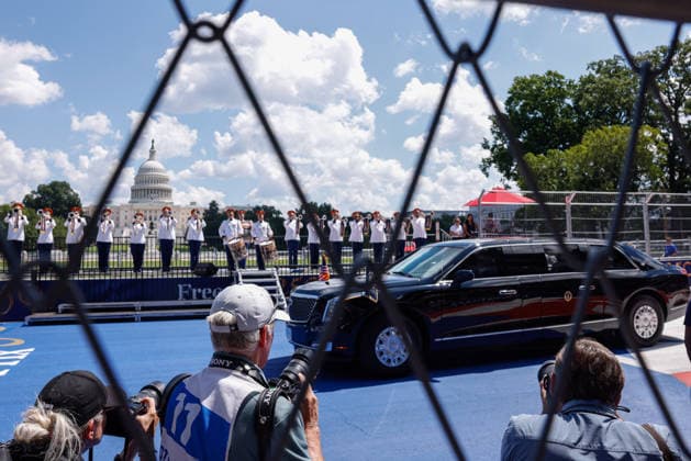 President Trump attends inaugural Freedom 250 Grand Prix in Washington, DC WASHINGTON, D.C., UNITED STATES - AUGUST 23: U.S. President Donald Trump and first lady Melania Trump ride in The Beast on the track during the NTT INDYCAR Series in Washington, DC, on August 23, 2026. President Trump established the Freedom 250 Grand Prix weekend as part of the yearlong celebration marking the 250th anniversary of the United States. Mehmet Eser Anadolu Washington United States. Editorial use only. Please get in touch for any other usage.  Copyright: x2026xAnadoluxMehmetxEserx