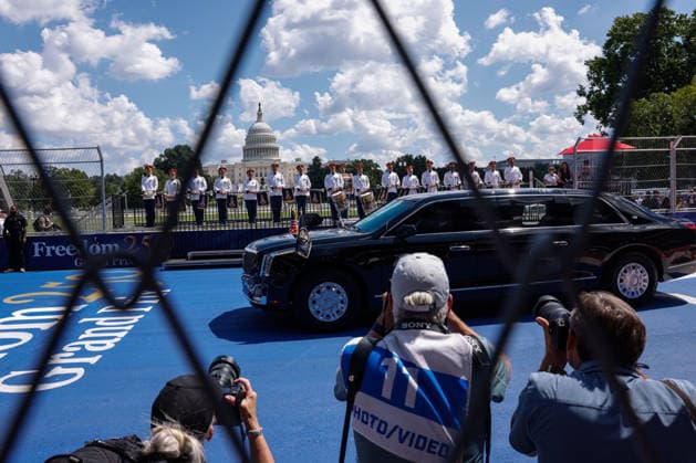 President Trump attends inaugural Freedom 250 Grand Prix in Washington, DC WASHINGTON, D.C., UNITED STATES - AUGUST 23: U.S. President Donald Trump and first lady Melania Trump ride in The Beast on the track during the NTT INDYCAR Series in Washington, DC, on August 23, 2026. President Trump established the Freedom 250 Grand Prix weekend as part of the yearlong celebration marking the 250th anniversary of the United States. Mehmet Eser Anadolu Washington United States. Editorial use only. Please get in touch for any other usage.  Copyright: x2026xAnadoluxMehmetxEserx