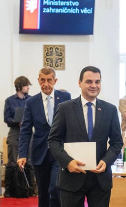 Meeting of heads of Czech diplomatic missions begins in Prague, Czech Republic, on August 24, 2026. On the photo come, from left, Prime Minister Andrej Babis (ANO) and Foreign Affairs Minister Petr Macinka (Motorists). (CTKxPhoto MichaelaxRihova) CTKPhotoP2026082401889  CTKPhotoP2026082401889