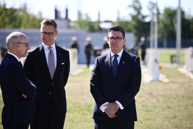 British PM Andy Burnham visits Ukraine (From L) Luxembourg s Prime Minister Luc Frieden, Finland s President Alexander Stubb and Britain s prime minister Andy Burnham take part in a wreath-laying ceremony at at Ukraine s national military memorial cemetery in Hatne, southwest of Kyiv on August 24, 2026. Ukraine hosts a meeting of its key European backers on August 24 to press for critical air-defence supplies and more pressure on Moscow, with Russian attacks killing more civilians than at any time since the first months of the invasion., Credit:HENRY NICHOLLS PA ROTA - B68 Avalon Ukraine, Hatne  Copyright: xHENRYxNICHOLLSx xPAxROTAx-xB68x xAvalonx 1128171970