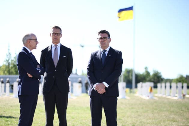 British PM Andy Burnham visits Ukraine (From L) Luxembourg s Prime Minister Luc Frieden, Finland s President Alexander Stubb and Britain s prime minister Andy Burnham take part in a wreath-laying ceremony at at Ukraine s national military memorial cemetery in Hatne, southwest of Kyiv on August 24, 2026. Ukraine hosts a meeting of its key European backers on August 24 to press for critical air-defence supplies and more pressure on Moscow, with Russian attacks killing more civilians than at any time since the first months of the invasion., Credit:HENRY NICHOLLS PA ROTA - B68 Avalon Ukraine, Hatne  Copyright: xHENRYxNICHOLLSx xPAxROTAx-xB68x xAvalonx 1128172037