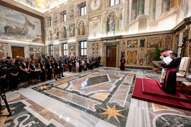VATICAN - POPE LEO XIV RECEIVES IN PRIVATE AUDIECE DELEGATION OF THE MILITARY ORDINARIATE FOR PORTUGAL MEMEBERS OF THE MARSODETO FOUNDATION AT THE VATICAN- 2026 8 24 Italy , Roma , Vatican, 2026 8 24 Pope Leo XIV receives in private audience Members of the Marsodeto Foundation at the Vatican EDITORIAL USE ONLY - NO BOOKS Copyright: xVATICANxMEDIAx