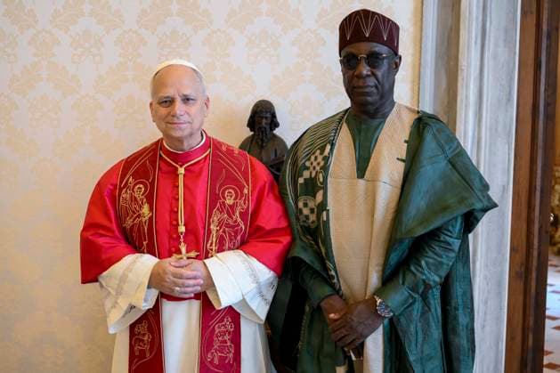 VATICAN - POPE LEO XIV RECEIVES IN PRIVATE AUDIECE THE PRESENTATION PF THE LETTERS OF CREDENCE BY HIS EXCELLECY MR PAUL ADIKWU OGA AT THE VATICAN- 2026 8 24 Italy , Roma , Vatican, 2026 8 24 Papa Leone XIV receives in private audience The Presentation of the Letters of Credence by His Excellency Mr. Paul Adikwu Oga, Ambassador of the Federal Republic of Nigeria at the Vatican EDITORIAL USE ONLY - NO BOOKS Copyright: xVATICANxMEDIAx
