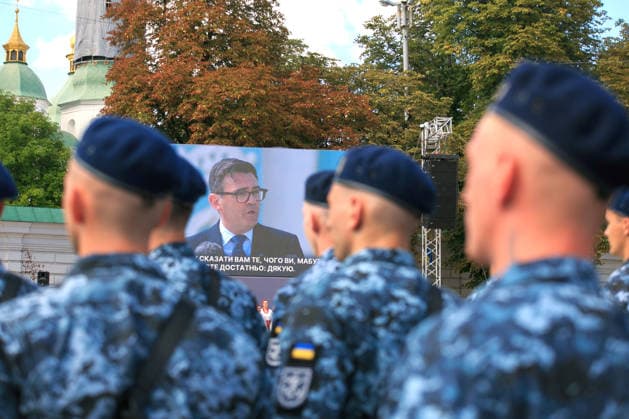 Prime Minister of the United Kingdom Andy Burnham delivers a speech during the official celebration of the 35th anniversary of the restoration of Ukraine’s independence in Sofiiska Square, Kyiv, Ukraine, August 24, 2026. (Photo by Marianna Kotyk Ukrinform) Celebration of Ukraine’s 35th Independence Day in Kyiv  Copyright: xMariannaxKotykx