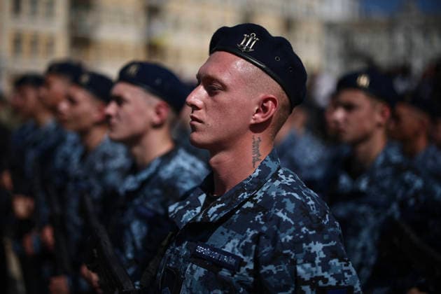 Ukraine Independence Day Ukrainian Naval Infantry attend a commemorative ceremony marking Ukraine s 35th Independence Day outside St. Sofia cathedral in Kyiv on August 24, 2026. Ukraine hosts a meeting of its key European backers on August 24 to press for critical air-defence supplies and more pressure on Moscow, with Russian attacks killing more civilians than at any time since the first months of the invasion. The leaders of Luxembourg, Moldova, Estonia and EU Council President Antonio Costa are also in Kyiv for the talks hosted on Ukraine s Independence Day and which come amid the war s latest escalation., Credit:HENRY NICHOLLS PA ROTA - B68 Avalon Ukraine, Hatne  Copyright: xHENRYxNICHOLLSx xPAxROTAx-xB68x xAvalonx 1128204836